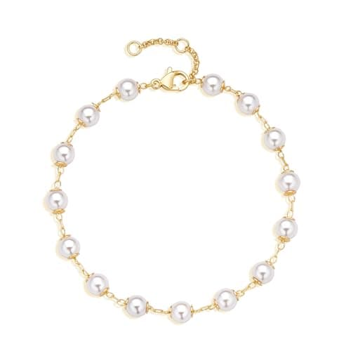 Image of Jenosy 14K Gold Plated Bracelet White Pearl for Women Dainty Chain Simple Jewelry Cute for Girls