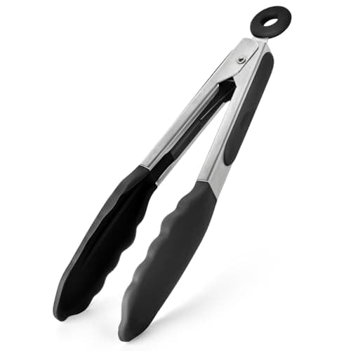 Image of 315℃ Heat Resistant Kitchen Tongs: U-Taste 18cm Silicone Cooking Tong with Firm Sealed Non Stick Silicone Tips & Silicone Coated 18/8 Stainless Steel Handle & Smooth Locking for Serving (Black)