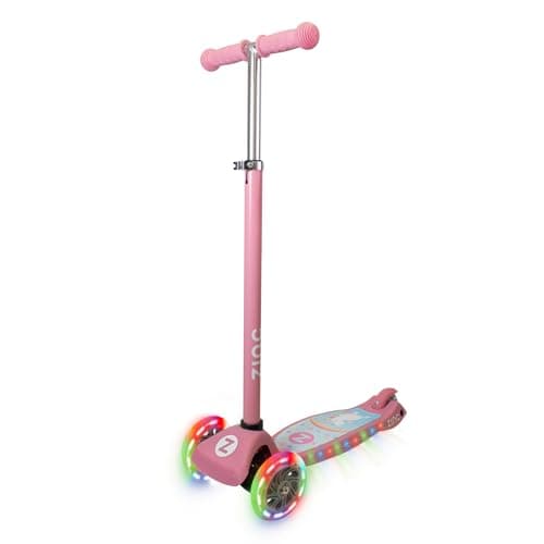 Image of Zinc Superstar Kids Scooter for Ages 3+ – Three Wheeled Boys & Girls Scooter with LED Light Up Deck & Wheels, Adjustable Handlebar, Lean ‘n’ Steer Controls, Rear Brake, Soft Rubber Grips, Pink Unicorn