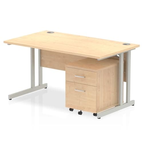 Image of Mr Office Impulse Straight Desk, Silver Cantilever Leg - With 2 Drawer Mobile Pedestal, Maple, 1400
