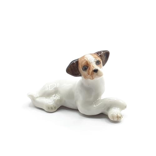 Image of WitnyStore Tiny 1½" White Brown Lying Cross Paws Jack Russell Terrier Dog Figurine - Miniature Hand Made Ceramic Dogs Puppy Hound Canine Animal Cute Porcelain Decorative Collectible Figure Décor Gifts