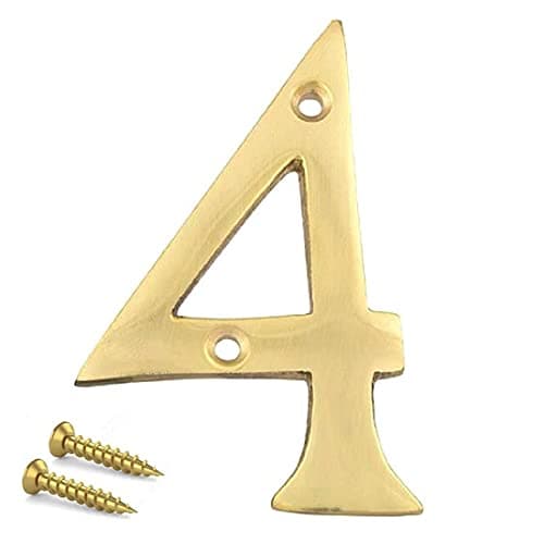 Image of TERF® 3 Inch (75mm) Brass Polished Finish Screw Fix Front Door Number '' 4 '' Mailbox Hotel House Door Number Suitable for All Door Types Wooden, u PVC and Composite Fixing Screw [ Number - 4 ]