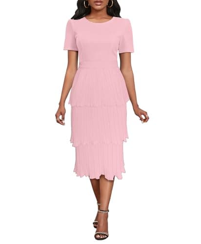 Image of VERWIN Women's Round Neck Short Sleeves Mid Waist Tiered Pleated Pencil Bodycon Casual Cocktail Midi Dress XXL Pink