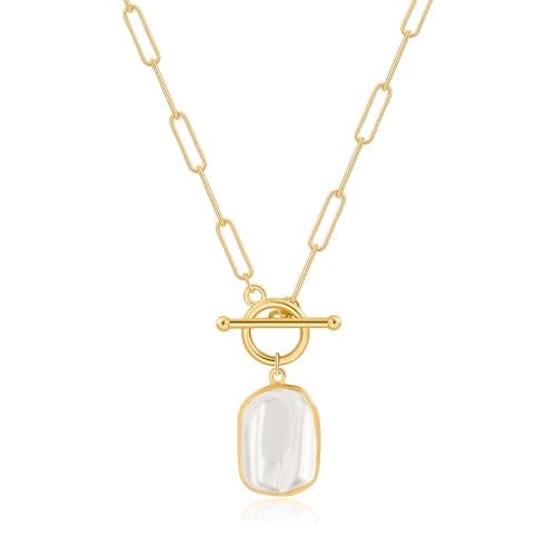 Image of Aobei Pearl Gilt Rectangle Baroque Pearl Pendant Necklace for Women 18K Gold Paperclip Chain Necklace Toggle Layering Jewelry 20”
