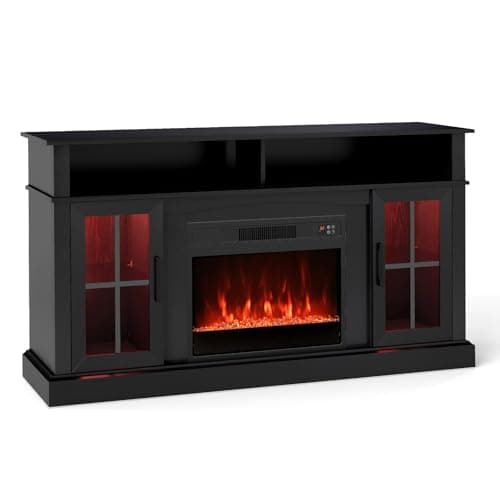 Image of GiantexUK Electric Fireplace Insert TV Stand, Living Room Wooden Console Entertainment Center with Electric Fire, Overheat Protection & Remote Control, 1800-2000W (Black, 24” Fireplace, for 65” TV)