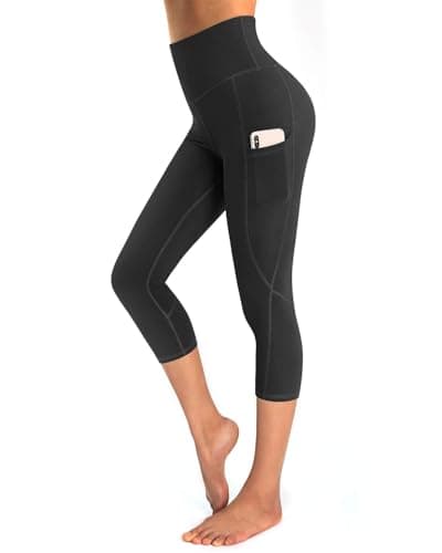 Image of OUGES Womens High Waist Yoga Pants with Pockets Capri Workout Running Cropped Leggings(Black,M)