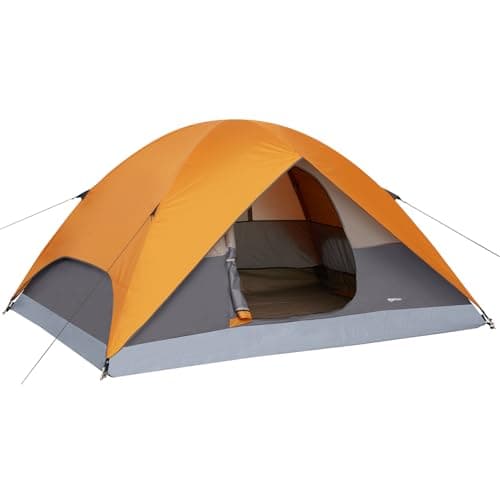 Image of Amazon Basics Dome Camping Tent with Rainfly and Carry Bag, 3-Season Easy Set-Up Tent, 2 Person, Orange And Grey