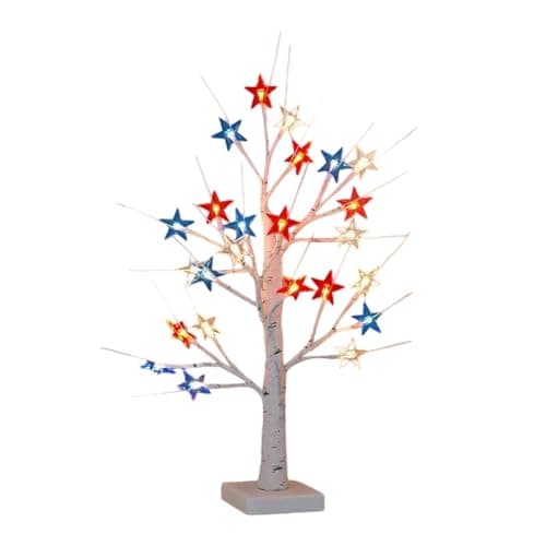 Image of 4th of July Decorative Lights Patriotic Tree Ornaments 18 Inch Tabletop Decor with 24 Red White Blue LED Star Light USB Battery Operated Festive Lights Warm White Type-C USB 60cm