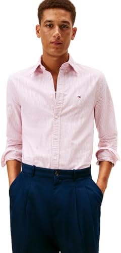 Image of Tommy Hilfiger Men Heritage Oxford Stripe RF Shirt MW0MW36238 L/S Shirt, RED, M