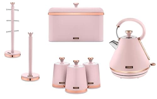 Image of Tower Cavaletto Pink Pyramid Kettle, Bread Bin, Set of 3 Canisters, Mug Tree & Towel Pole. Matching Set of 7 Kitchen Items in Pink & Rose Gold