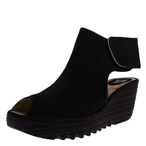 Image of Fly London Womens Yone Leather Wedge Heel Peep Toe Cut Out Ankle Boots - Black - 6