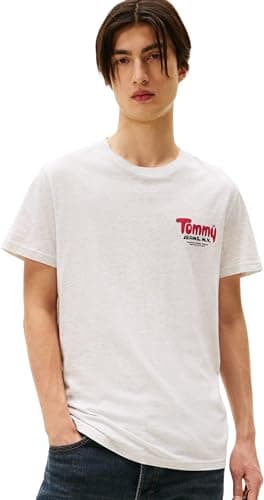 Image of Tommy Jeans Men’s Short Sleeve Round Neck Slim Font Play T-Shirt, Grey (Lt Grey HTR), M