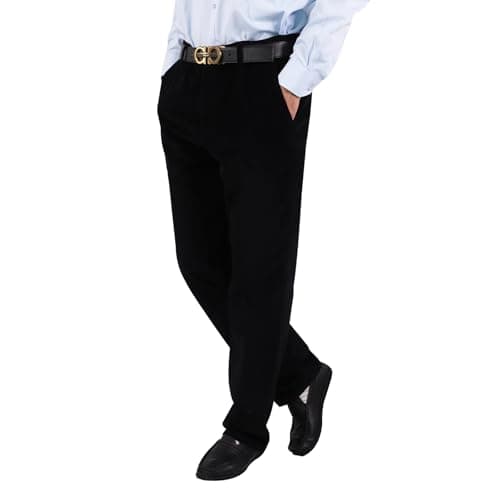 Image of Mens Cotton Corduroy Trousers Smart Formal Office Pants with Stretch Comfort Straight Leg Elastic Waist & Multiple Pockets for Business Casual Workwear (UK, Alpha, M, Regular, Regular, Black)