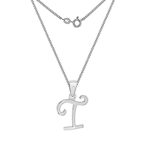 Image of Tuscany Silver Women's Sterling Silver Rhodium Plated Diamond Initial 'T' Pendant on Curb Chain of 46cm/18