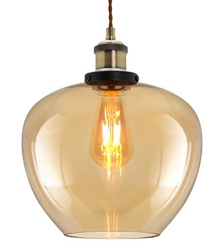 Image of Modern Vintage Glass Globe Pendant Light Smoked Amber Shade with Antique Brass Ceiling Lamp Holder M0207