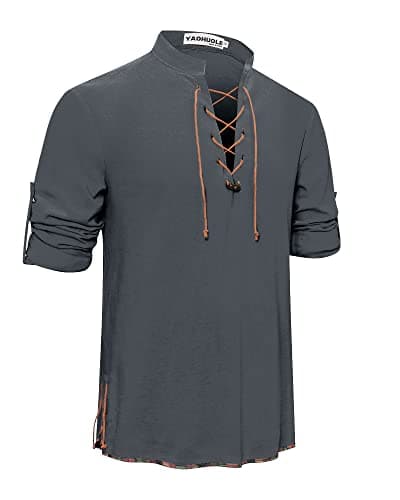Image of YAOHUOLE Linen Shirts for Men Smart Casual Long Sleeve Collarless Cozy Lace-up Shirts Plain Tops Cotton Classic Scottish Jacobite Ghillie Kilt Shirt Dark Gray L