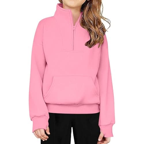 Image of duxyoz Hot Pink Sweatshirts For Kids Girls Solid Color Long Sleeve Sweater School Jumper Hoodie Warm Fall Winter Clothes Half Zip Sweatshirt Quarter Zip Pullover Sweatshirts For Teenage 11-12 Years