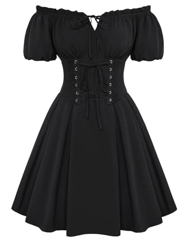 Image of SCARLET DARKNESS Women's Corset Dress Off Shoulder Short Puff Sleeve with Belt Smocked Renaissance Dress Black S