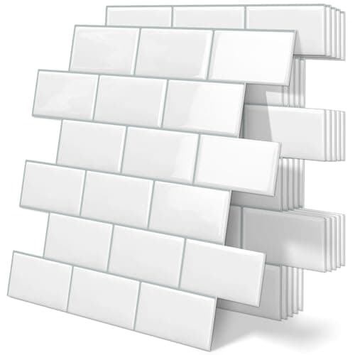 Image of Tiwoos Thicker White Peel and Stick Tiles 3D Metro Subway Self Adhesive Wall Tile Splashback for Kitchen & Bathroom, 10-Sheets