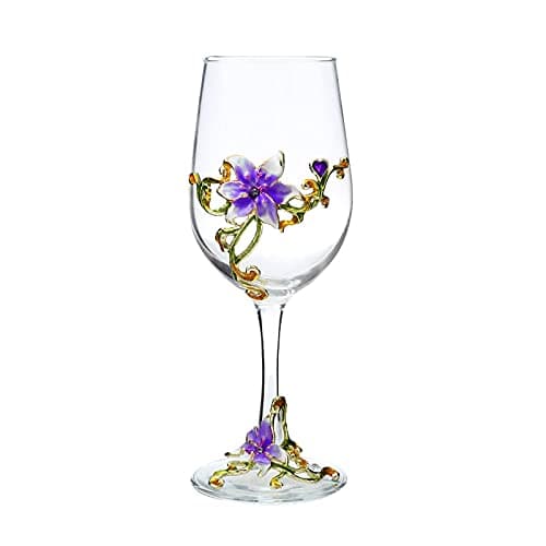 Image of XUDREZ Painted Enamel Flower Lead-Free Wine Glasses,320ml/10.8 OZ Red/White Crystal Wine Glasses (Purple Cup Lily)