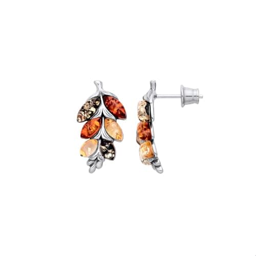 Image of 925 Sterling Silver Natural Baltic Amber Stud Leaf Earrings - Ladies Earrings - Baltic Cognac Amber & 925 Sterling Silver - Nature-Inspired Jewellery