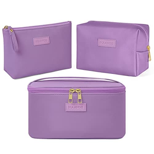 Image of MAANGE 3 Pcs Makeup Bag(L+M+S) Travel Cosmetic Bags with Brush Compartment PU Leather Small Makeup Bag Portable Make Up Bag Versatile Zipper Makeup Pouch for Women, Purple
