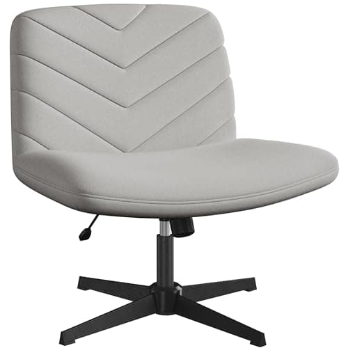 Image of Yaheetech Wide Seat Cross Legged Office Chair, Adjustable Armless Office Chairs with No Wheels, Vanity Chair Criss Cross Chair Swivel Computer Chairs, Light Gray