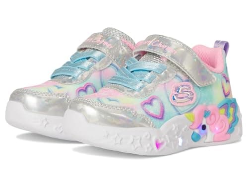 Image of Skechers Baby Girl's Unicorn Charmer Lil Heart Sparkles Casual Shoes, Silver Sparkle Mesh/Multi Trim, 7 UK