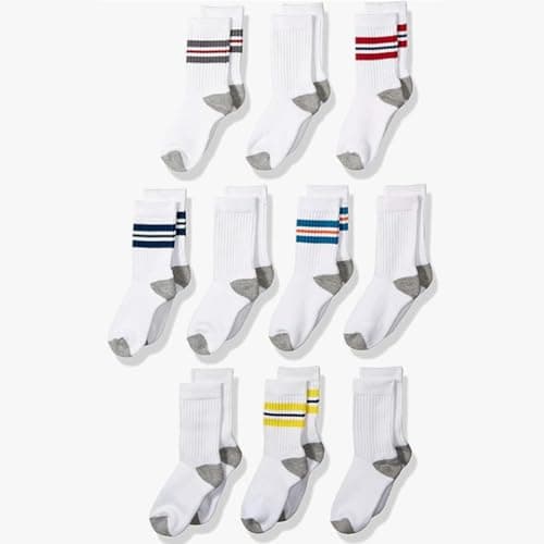 Image of Amazon Essentials Boys' Cotton Cushioned Crew Sports Socks, 10 Pairs, White Stripes, 4-5 Years