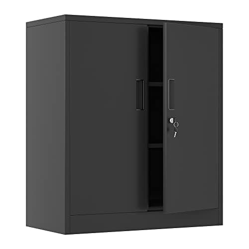 Image of iJINGUR Metal Storage Cabinet with Locking Doors and 2 Adjustable Shelves, Small Lockable Storage Cupboard for Home Office Garage (Black)