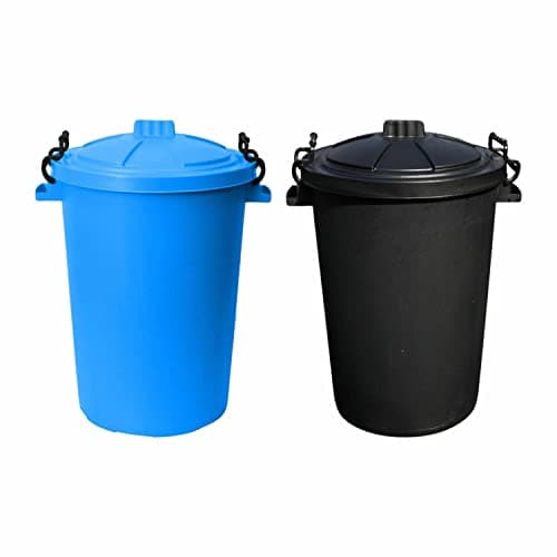 Image of Set of 2 - 50Litre Sky Blue & Black Heavy Duty Plastic Clip Lock Lid Bin Indoor or Outdoor Rubbish, Trash Can, Dustbin Waste or Storage of Animal Feed, Colourful Bins - Made in U.K. (Black & Sky Blue)
