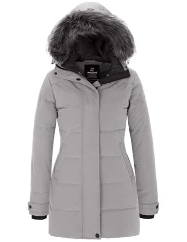 Image of Wantdo Women’s Outdoor Winter Fleeced Lined Puffer Coat Long Warm Thicken Parka Coat Classic Ladies Water Resistant Padded Jacket Hooded Windproof Quilted Jacket Grey XL