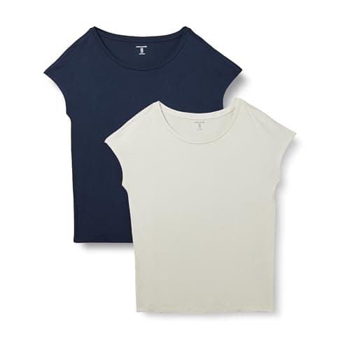 Image of Amazon Essentials Women's Jersey Standard-Fit Short-Sleeve Boat-Neck T-Shirt, Pack of 2, Navy/Sand, Small