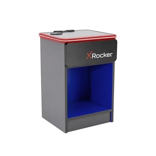 Image of X-Rocker Carbon-Tek 36cm Width, RGB LED Bedside Table & Drawer - Neo Fibre Lighting, Wireless Charging, Storage Shelf, Durable Wooden Frame for Kids & Teens - Grey & Blue