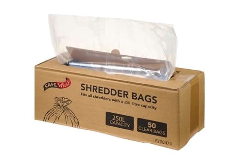 Image of Safe Wrap Shredder Bags, 250L Capacity | Pack of 50 | Durable, High-Density Polythene | Handy Dispenser Box
