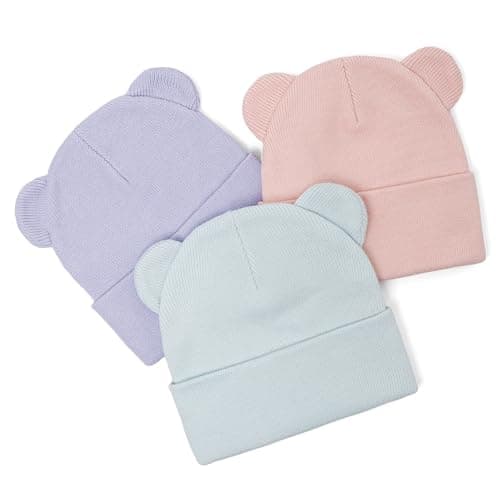 Image of LACOFIA Baby Winter Knitted Hat with Bear Ears Infant Toddler Girls Soft Warm Beanie Cap Purple+Pink+Light Blue 6-36 Months