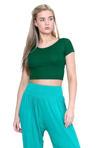 Image of janisramone® Women's Plain Stretchy Vest Tee Mini Crop Top - Chic Cap Sleeve, Y2k Top Summer Style, Ideal Crop Tops for Women for Casual and Gym Wear Bottle Green