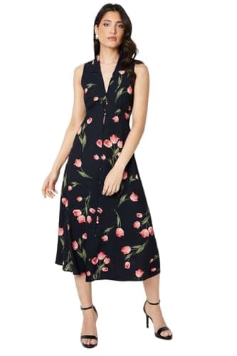 Image of Dorothy Perkins Black Floral Button Through Midi Dress, 14, Black