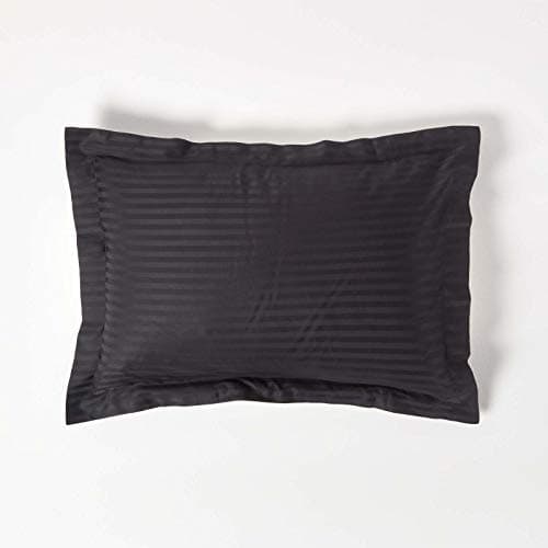 Image of HOMESCAPES Black Pure Egyptian Cotton Oxford Pillowcase Standard Size 330 TC 500 Thread Count Percale Equivalent Satin Stripe Pillow Case
