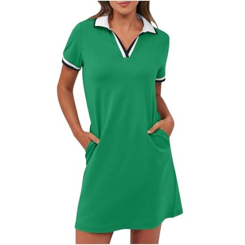 Image of Women's Polo Dress Short Sleeve V Neck Casual Mini Shirt Dress with Pockets Cotton Casual Loose Fit Sports Golf Tennis Dresses Summer Office Business Shirt Dresses for Holiday Vacation