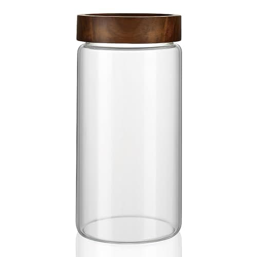 Image of INCETUE Glass Storage Jars with Wooden Lids, 1200ml Large Clear Airtight Storage Canisters with Screw Top, 1.2 Litre Kitchen Pantry Containers for Flour, Sugar, Cereal, Pasta, Pickling, Bulk Food