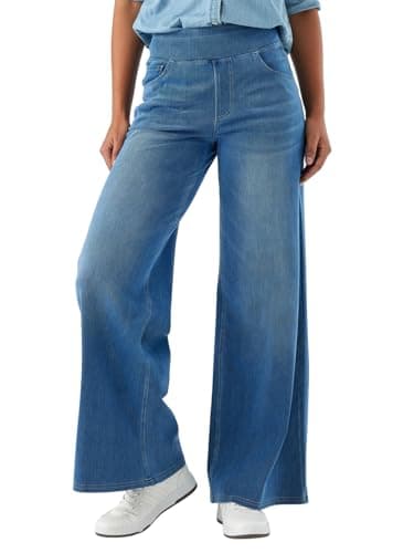Image of SotRong Womens Wide Leg Pull On Baggy Jeans with Multiple Pockets Tummy Control Straight Leg Casual Loose Stretch Curve High Elastic Waisted Plazzo Denim Trousers Medium Blue XL