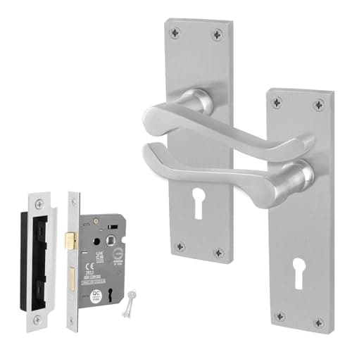 Image of EAI Satin Victorian Scroll Lock Handle Set, 1 Pair Satin Chrome Internal Lever Door Handles on Backplate and Lock 64mm