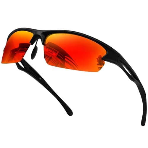 Image of KANASTAL Orange Red Sunglasses Mirrored Wrap Around Polarised Sports Cycling Glasses Mens Womens Running UV400 - Black Frame Orange Red Lens