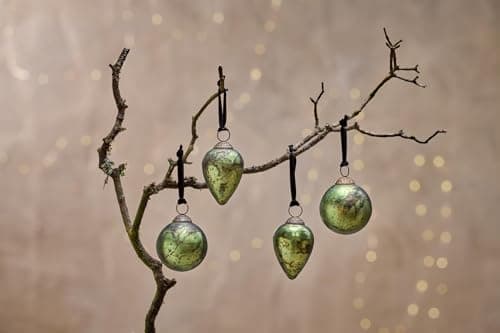 Image of Set of 4 Antique Green Dew Drop Hanging Baubles, Rustic Antique Christmas Tree Decorations, Jalshara Nkuku Recycled Glass Hanging Christmas Ornaments, Fairtrade Xmas Decor