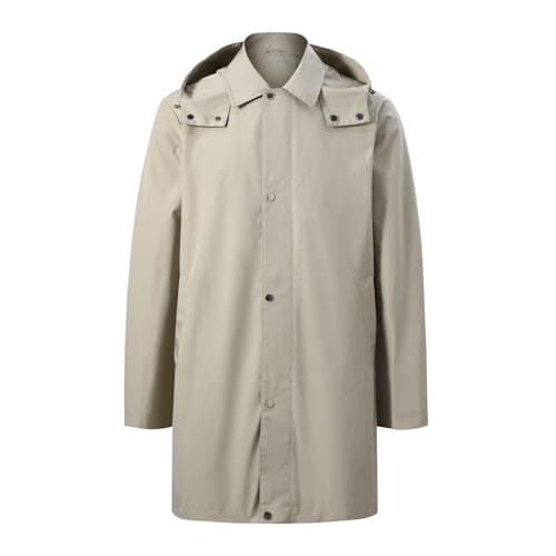 Image of Allthemen Mens Trench Coat Casual Windbreaker Overcoat Lapel Mid Length Jacket with Removable Hood Beige Grey XL