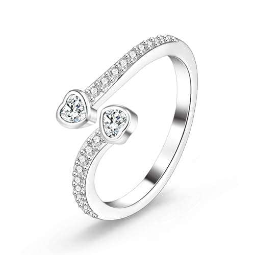 Image of ALEXCRAFT Sliver Plated Heart Rings,Hypoallergenic Cubic Zirconia Layered 925 Sterling Silver Large Chunky Wide Open Heart Rings Adjustable Stackable Eternity Promise Thumb Ring for Women Trendy