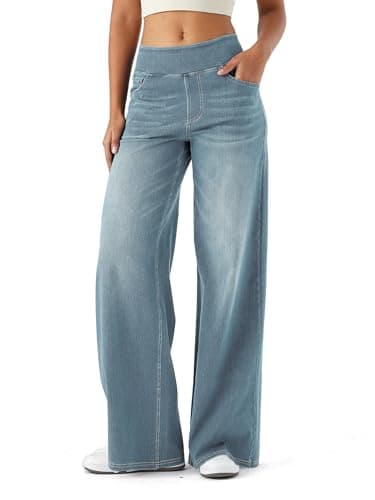 Image of LaiEr Denim Wide Leg Pants for Women,High Waisted and Slimming with Multiple Pockets,Straight Tube,Loose fit,Cat Whisker,Marbling wash Craft,High Elasticity Casual Jeans(MediumBlueLightVintageM)