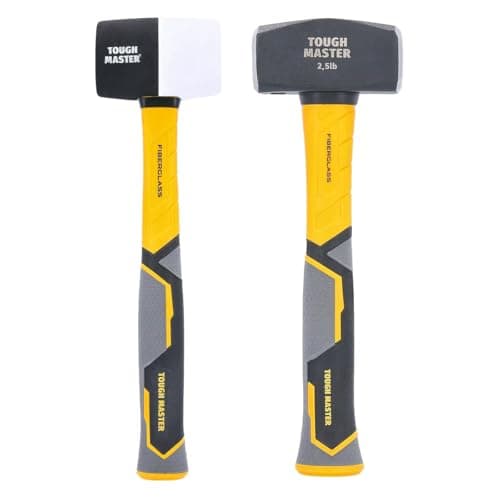 Image of TOUGH MASTER Club Hammer 2.5lb (1.1 kg) Heavy Duty C45 Forged Steel Head Fiberglass Shaft Non Slip Grip Shock-Absorbing Handle TPR Finish Long (with 16 Oz Rubber Hammer)