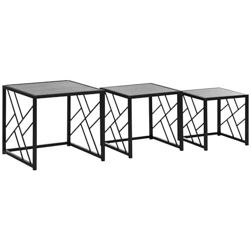Image of HOMCOM Nesting Coffee Tables, Set of 3 Square Side Tables with Black Metal Frame, for Living Room, Bedroom and Office, Grey